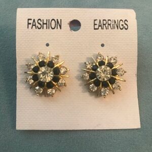 Gold and Black Crystal Flower Stud Earrings